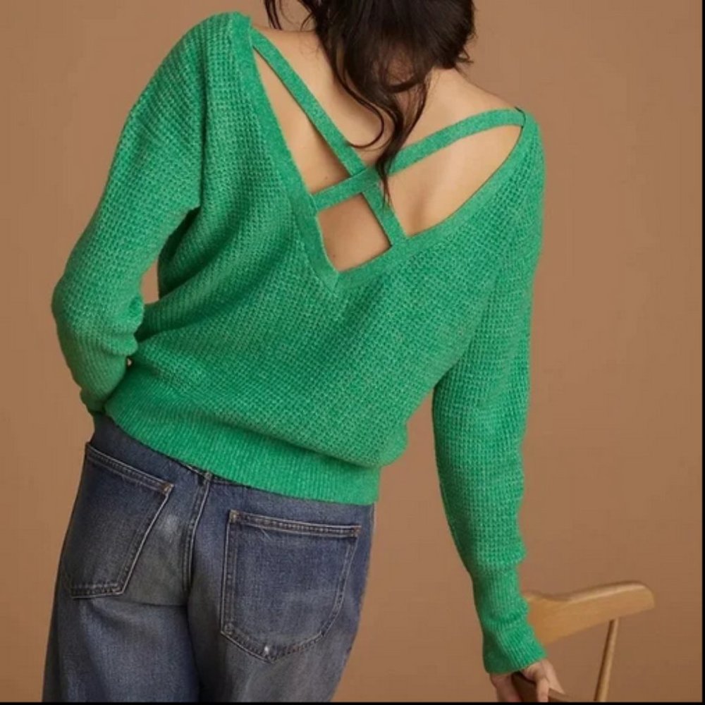 Anthropologie Green V‑Neck Strappy Back Sweater